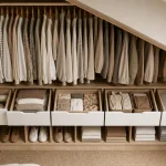 Dressing sous pente organisé en 4 zones : tringle, tiroirs, caissons