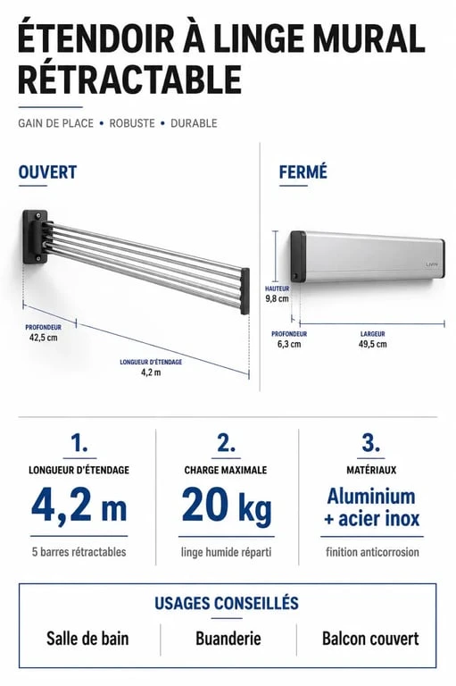Étendoir à linge mural rétractable en infographie de choix avec longueur, charge et matériaux