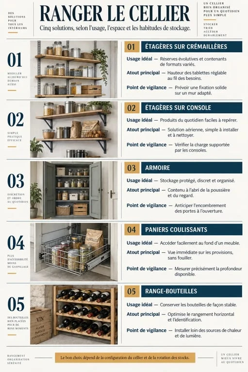 Rangement cellier : comparaison visuelle des étagères, armoires, paniers et range-bouteilles