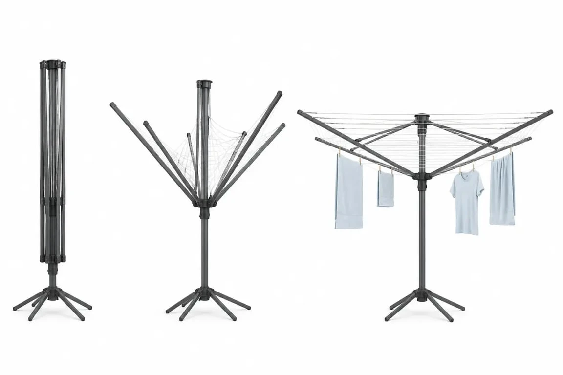 Étendoir à linge parapluie en schéma simplifié montrant l’ouverture des bras et le repliage