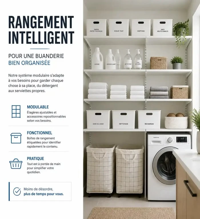 Aménagement buanderie IKEA avec système de rangement vertical