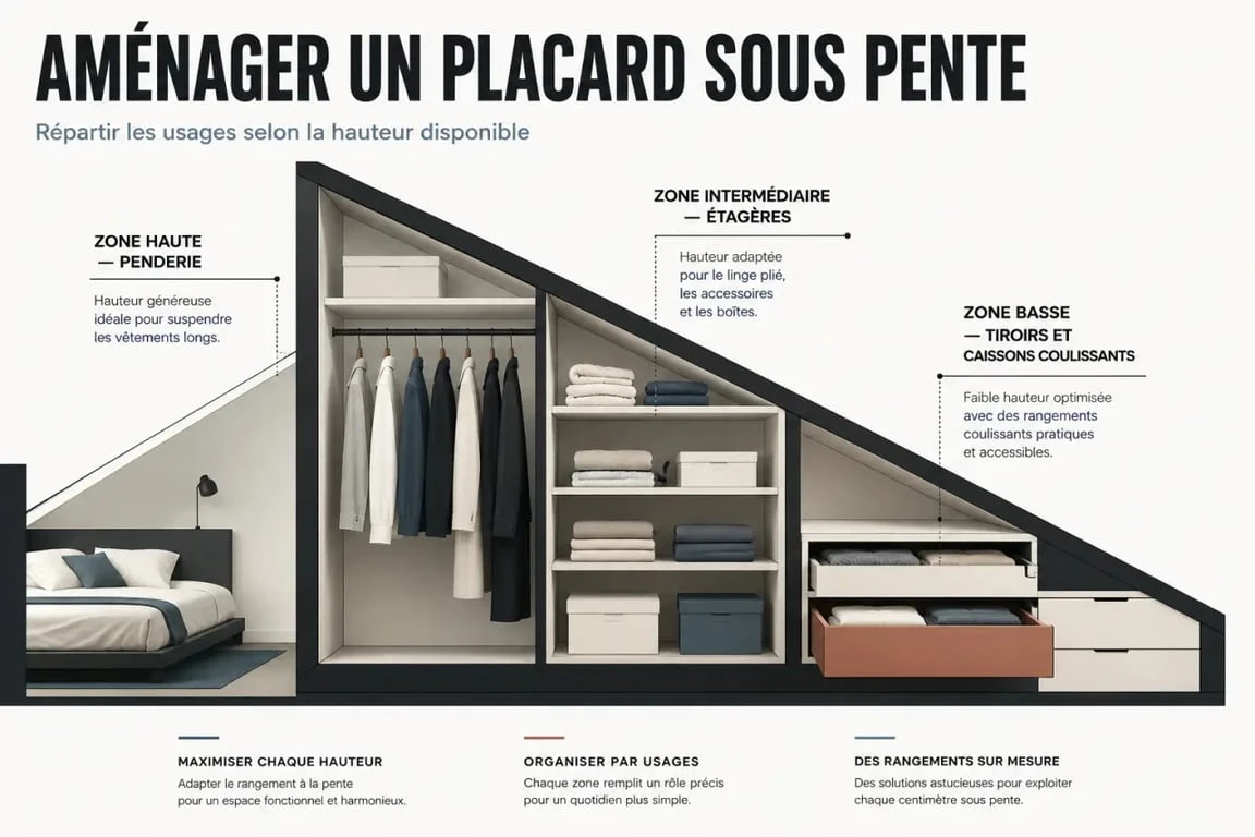 Placard sous pente illustré dans une chambre mansardée avec zones de rangement par hauteur