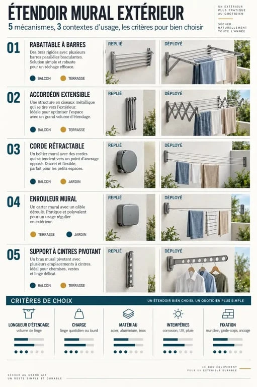 Infographie des types d’étendoir à linge mural extérieur et de leurs critères de choix