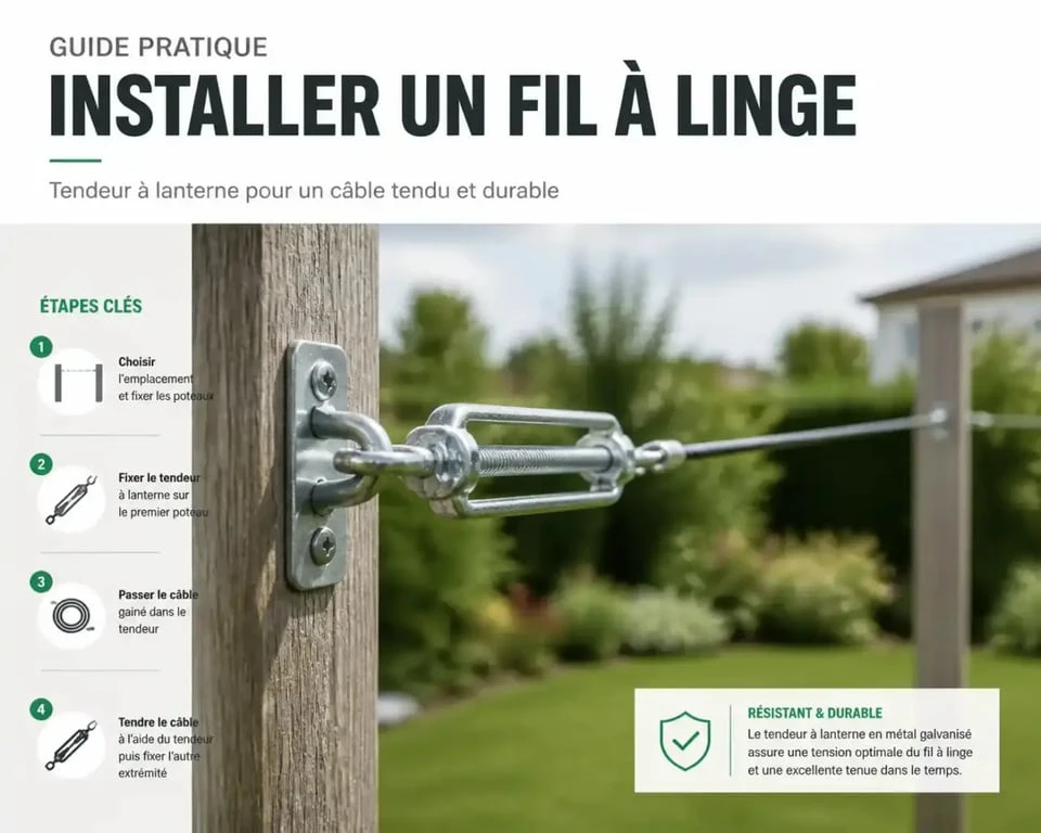 Fil pour étendoir à linge avec tendeur à lanterne installé entre deux poteaux de jardin