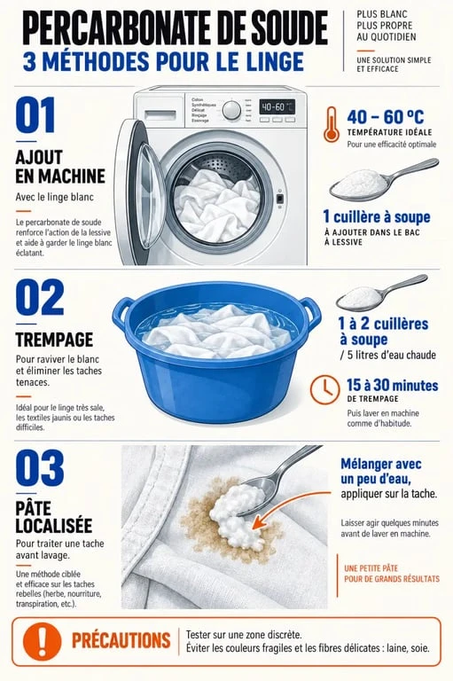 Infographie sur l'utilisation du percarbonate de soude pour le linge en machine, en trempage et sur une tache
