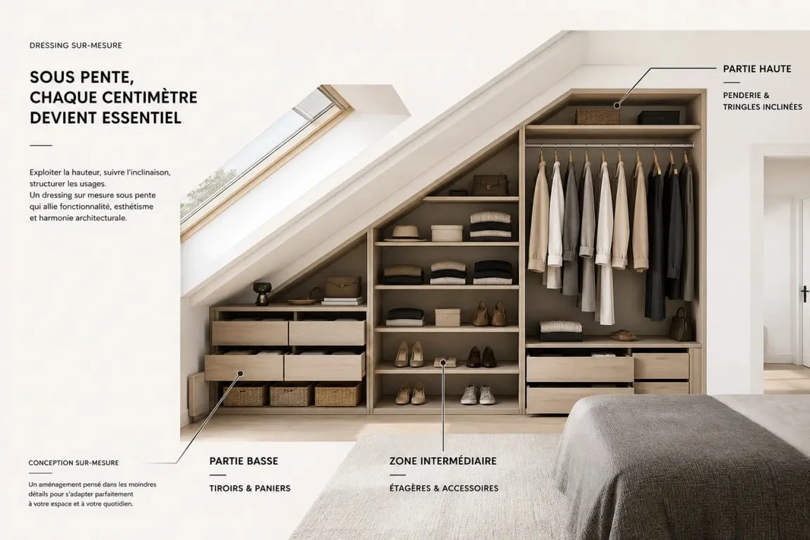Dressing sous pente dans une chambre mansardée avec tiroirs, étagères et penderie sous le toit incliné