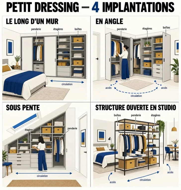 Infographie des solutions d’aménagement pour un petit dressing selon la configuration de la chambre