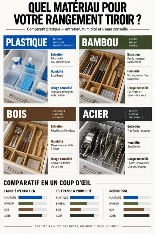 Rangement tiroir : comparaison des matériaux plastique, bambou, bois et acier
