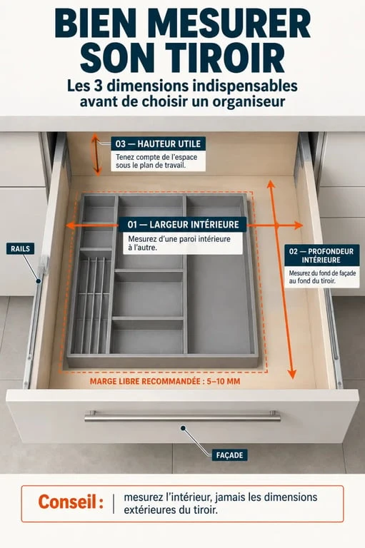 Rangement tiroir de cuisine : mesurer la largeur, la profondeur et la hauteur utiles