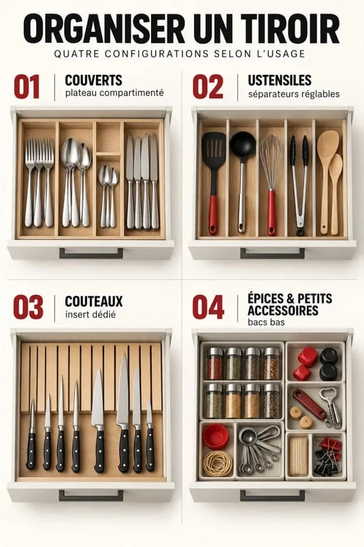 Rangement tiroir pour couverts, ustensiles, couteaux et épices avec différentes configurations