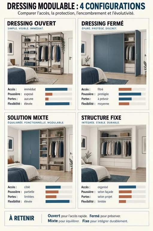 Infographie comparative des configurations d’un dressing modulable ouvert, fermé, mixte ou fixe