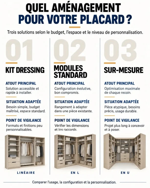 Aménagement placard : comparaison entre kit dressing, modules standard et solution sur-mesure