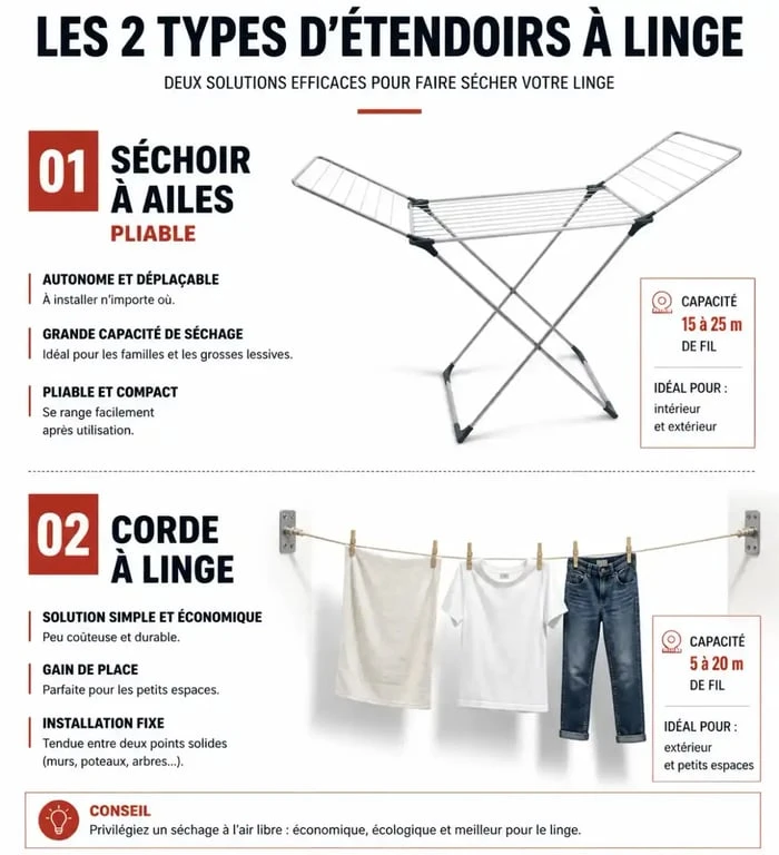 Comparatif visuel des types d'étendoir à linge extérieur Brico Dépôt : séchoir à ailes et corde à linge
