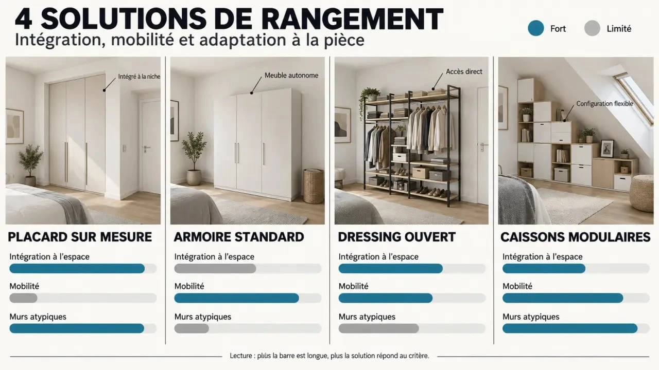 Placard sur mesure, armoire, dressing ouvert et caissons modulaires : comparaison des solutions de rangement