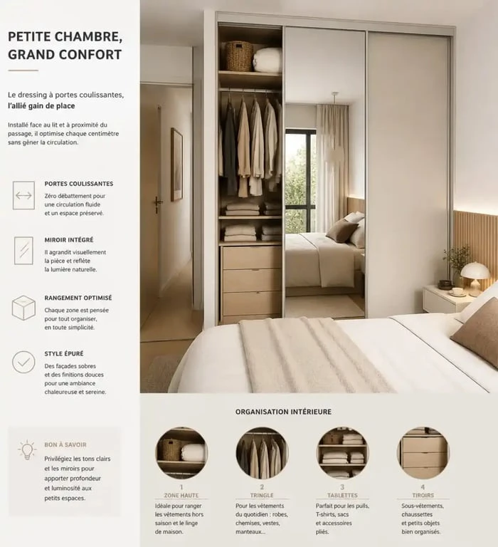 Dressing porte coulissante avec miroir dans une chambre compacte et circulation dégagée