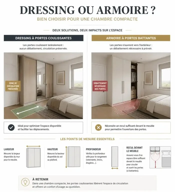 Infographie sur le dressing porte coulissante et le gain de place par rapport aux portes battantes