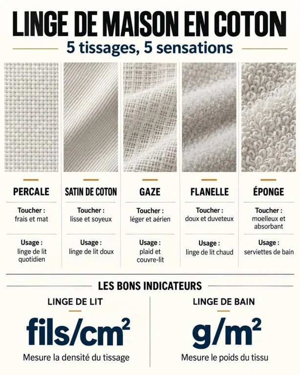 Infographie sur le linge de maison coton : tissages, sensations et indicateurs de qualité
