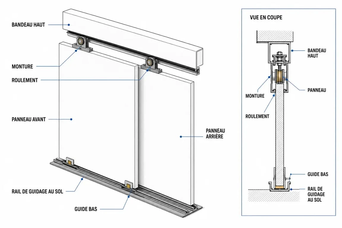 Schéma d’un rail coulissant pour porte de placard avec rail haut et rail bas