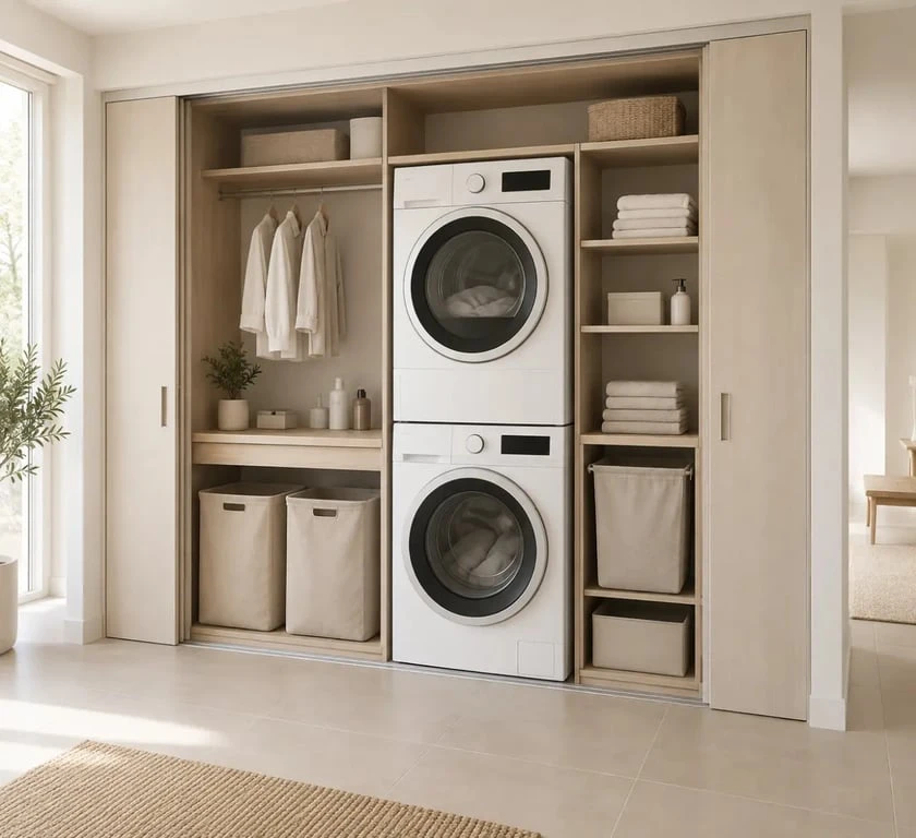 Aménagement buanderie compact dans un placard avec machines superposées