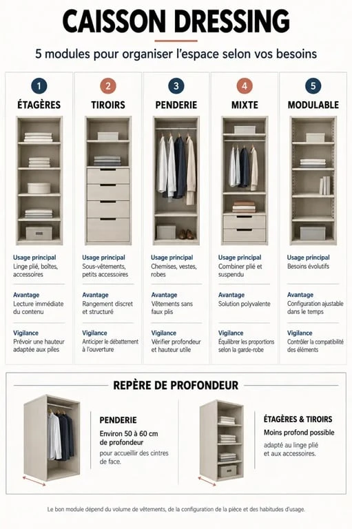 Infographie comparative des types de caisson dressing et de leur profondeur