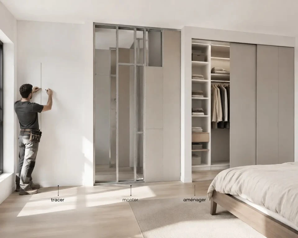 Dressing placo sur mesure dans une chambre avec ossature et aménagement fini
