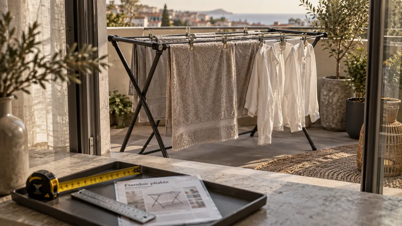 Étendoir à linge castorama sur balcon, déployé avec pinces et linge humide
