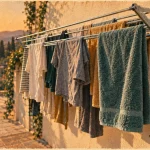 Étendoir à linge mural extérieur sur terrasse, linge qui sèche