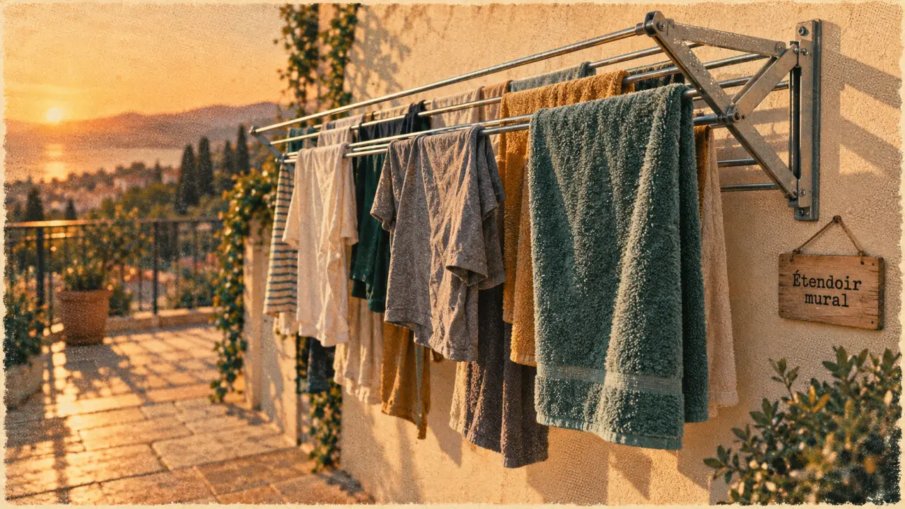 Étendoir à linge mural extérieur sur terrasse, linge qui sèche