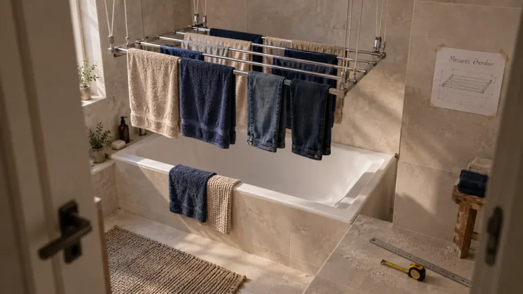 Étendoir à linge plafond au-dessus de la baignoire, serviettes et jeans, mesures.