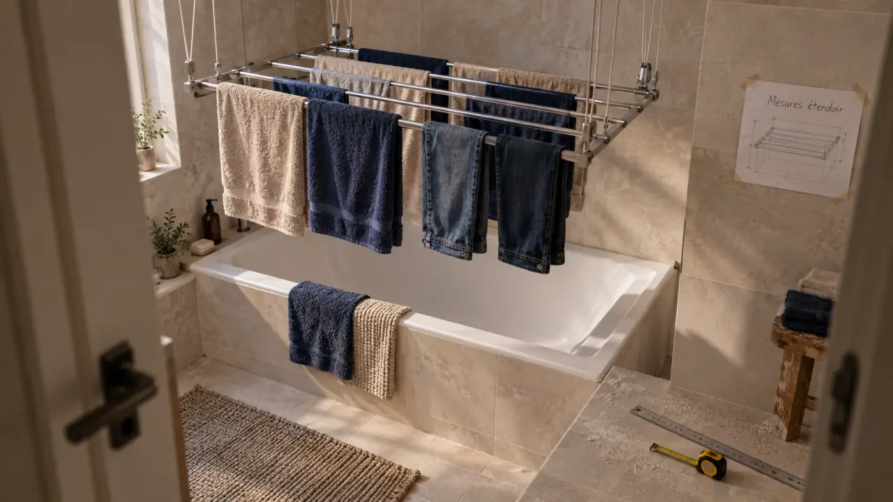 Étendoir à linge plafond au-dessus de la baignoire, serviettes et jeans, mesures.