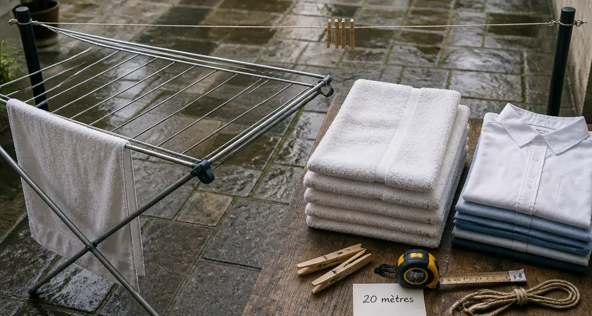Éétendoir à linge extérieur Brico Dépôt sur terrasse, pliable métal et linge séché