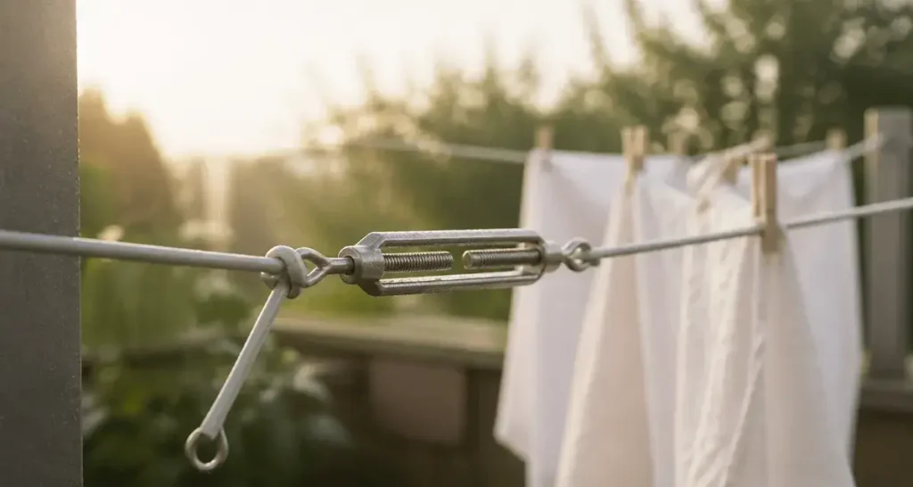 Fil pour étendoir à linge extérieur : câble inox gainé PVC tendu avec tendeur