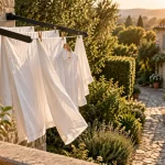 Idée étendoir à linge extérieur mural escamotable noir, draps et chemise au jardin