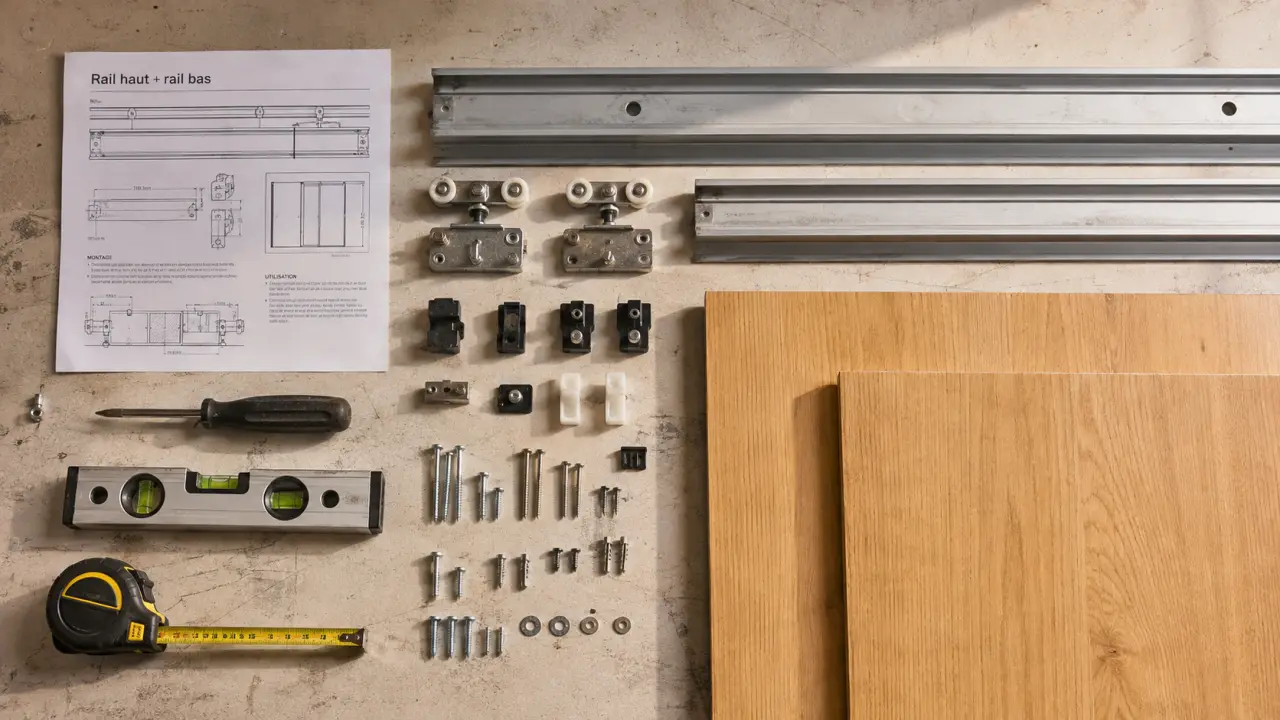 Rail coulissant pour porte placard : rails haut et bas sur établi