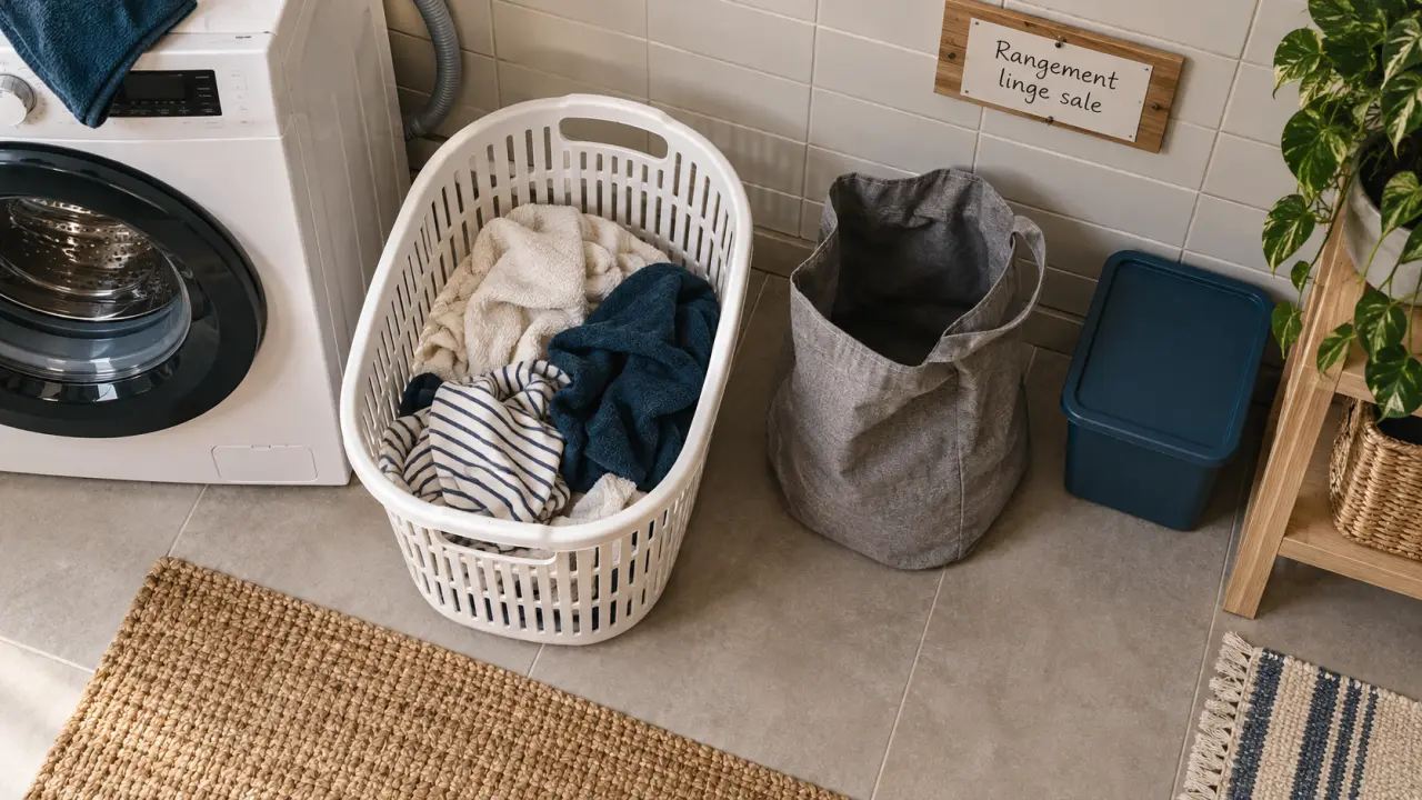 Rangement linge sale : bac étanche anti-humidité près du panier