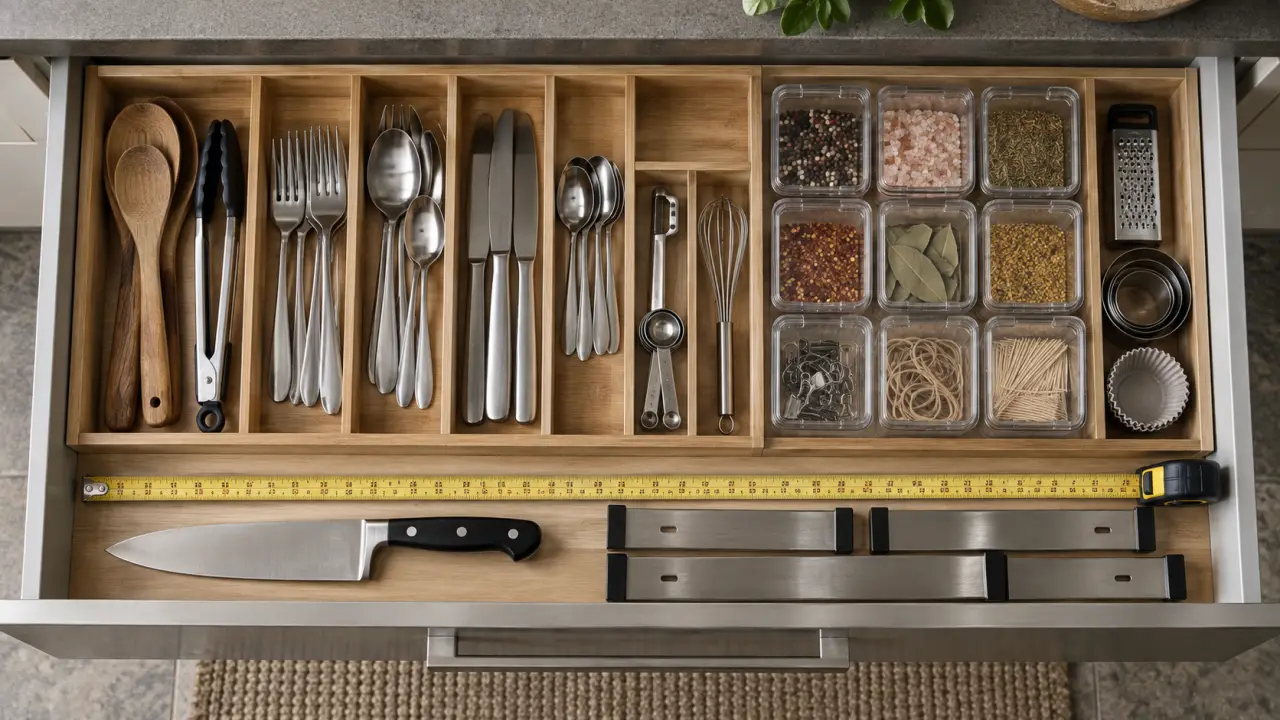 Rangement tiroir cuisine : organiseur sur mesure dans un tiroir ouvert