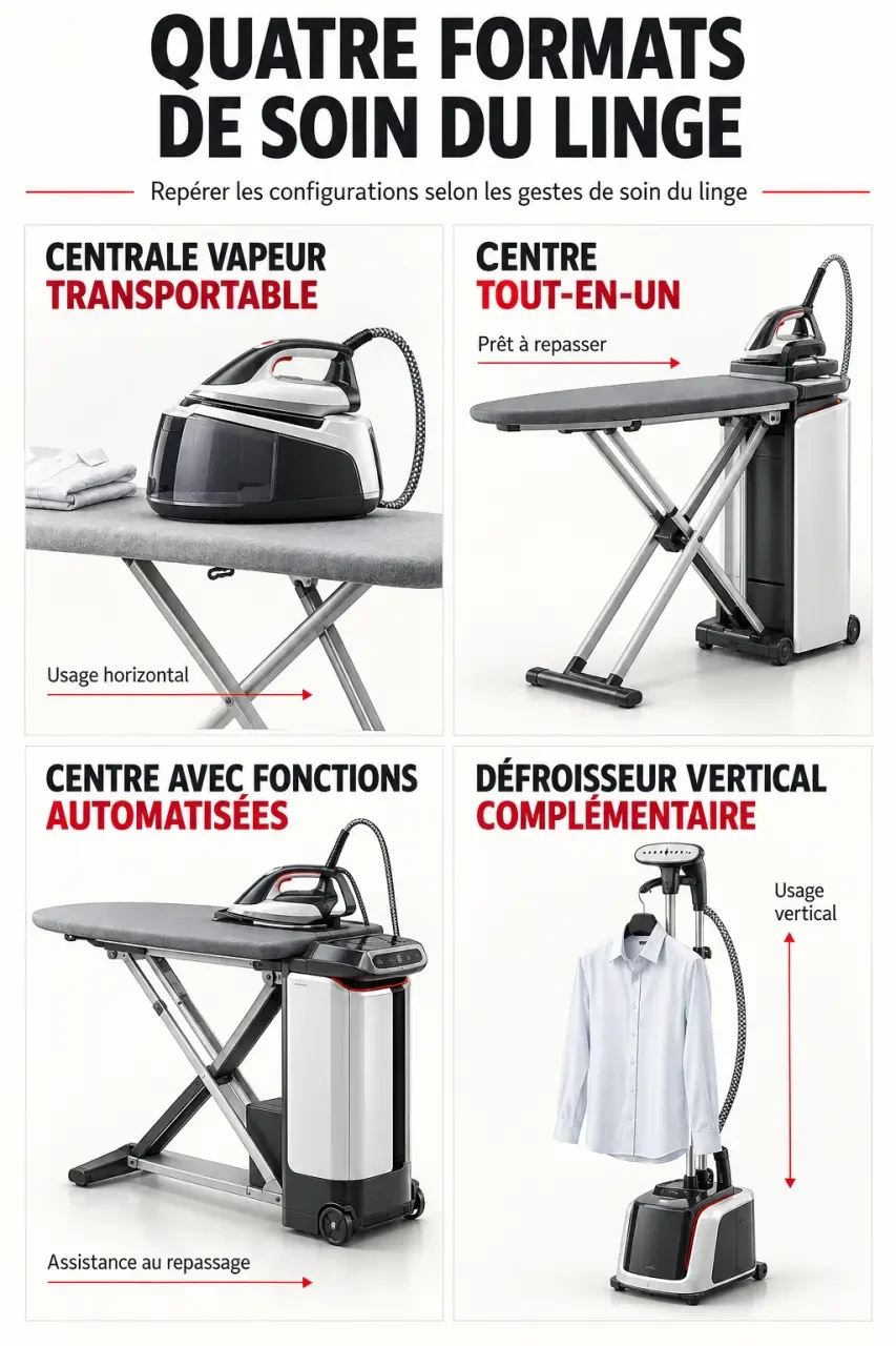 Fer à repasser Laurastar : infographie des formats centrale vapeur, centre tout-en-un et défroisseur vertical