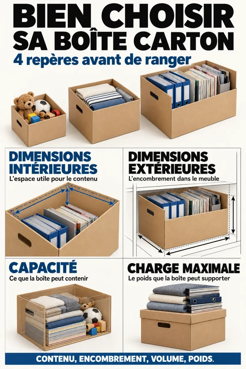 Infographie pour choisir une boîte de rangement carton selon les dimensions, la capacité et la charge