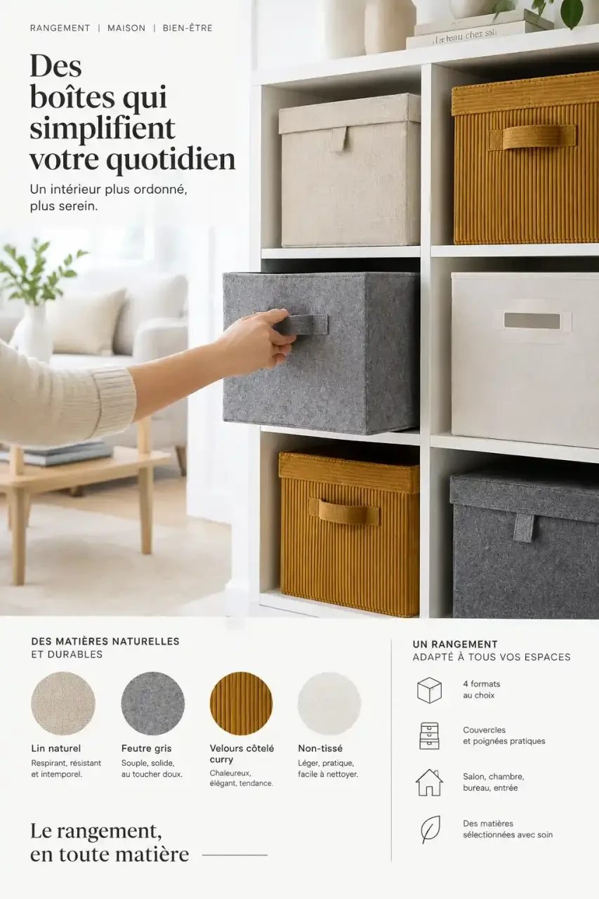 Boîte de rangement tissu en lin, feutre et velours côtelé sur une étagère cube dans un salon