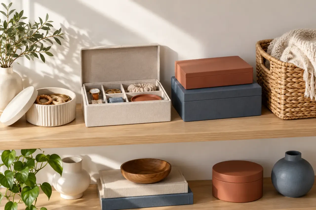 Boîtes décoratives de rangement organisées sur une étagère de salon
