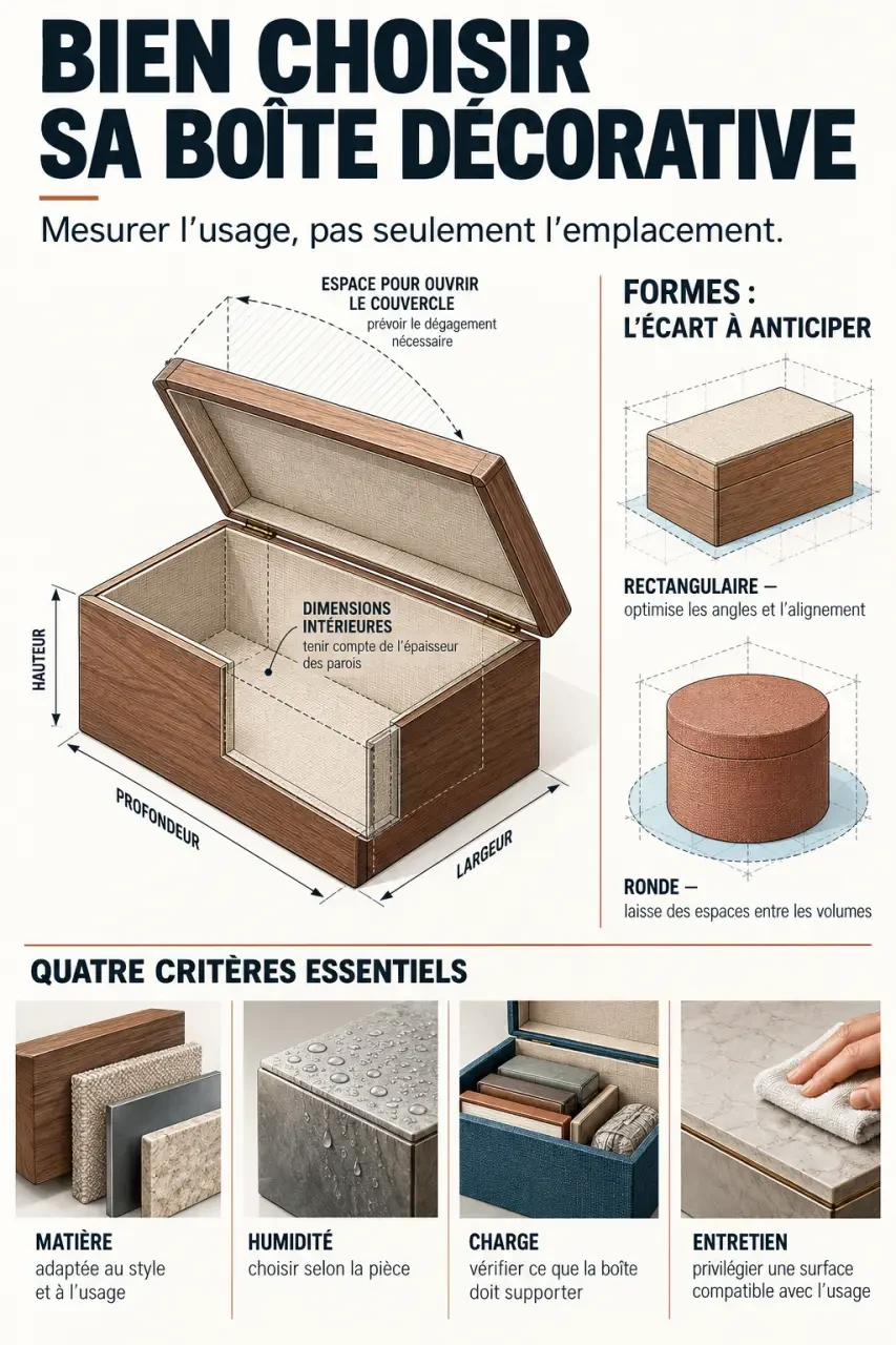 Infographie pour choisir les dimensions d’une boîte décorative de rangement