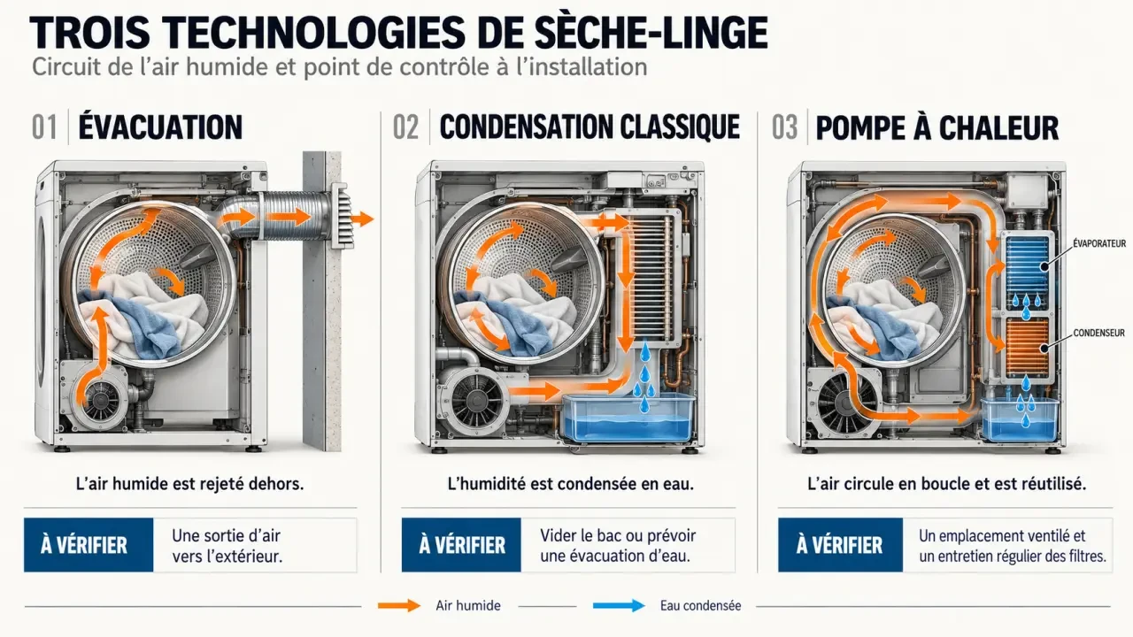 Schéma des technologies d’un sèche linge Brandt : évacuation, condensation classique et pompe à chaleur