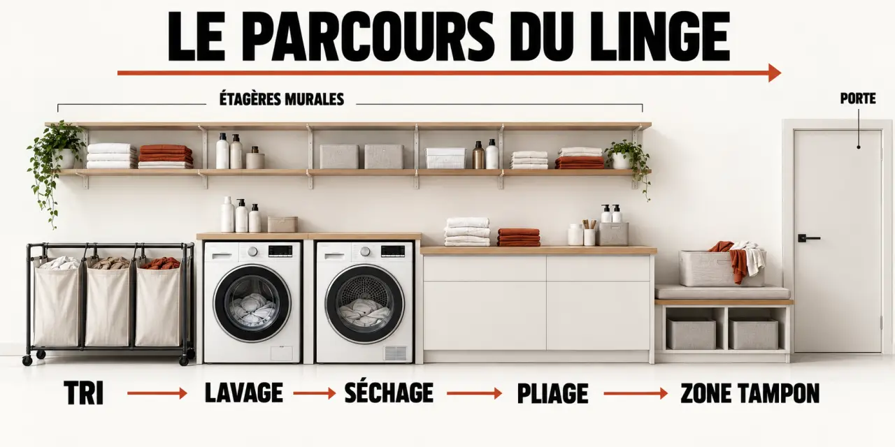 Schéma pour optimiser son espace buanderie et faciliter les travaux d'entretien : parcours du linge, plan de pliage et rangement vertical
