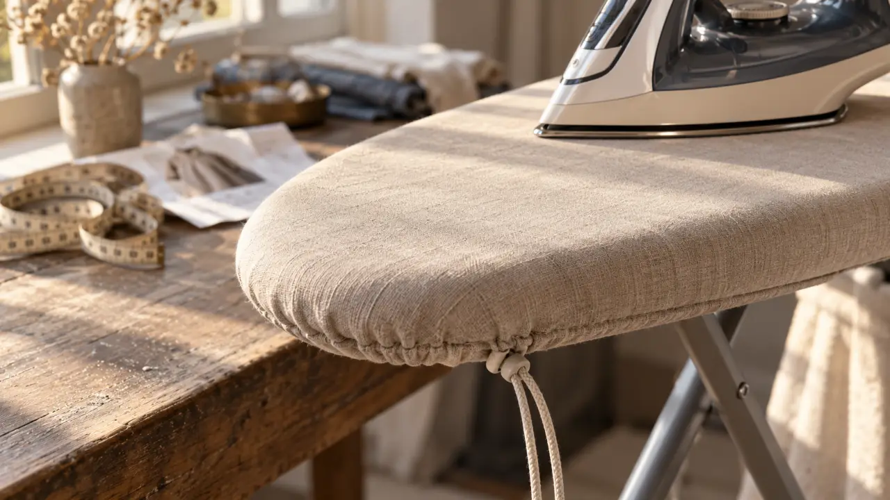 Housse table à repasser beige, ajustement et cordon de serrage sous le bord