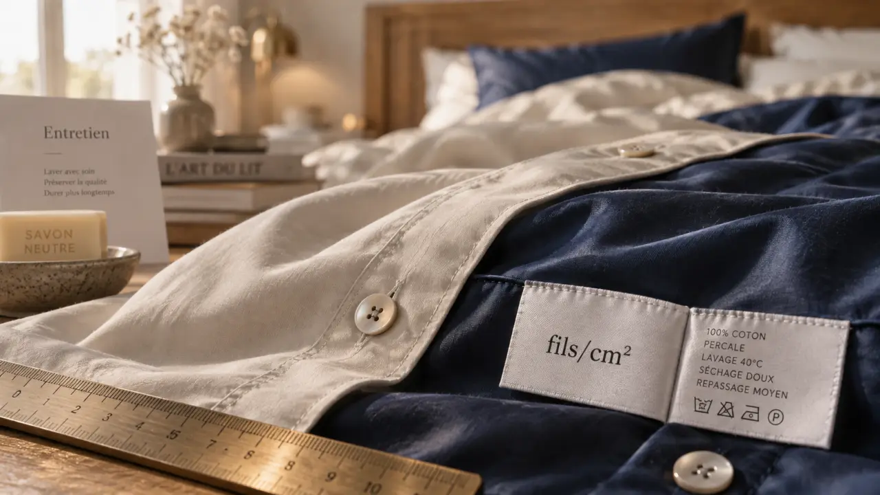 Linge de lit haut de gamme : percale mate beige et satin coton bleu nuit