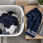 Panier linge plastique blanc ajouré près d’une buanderie