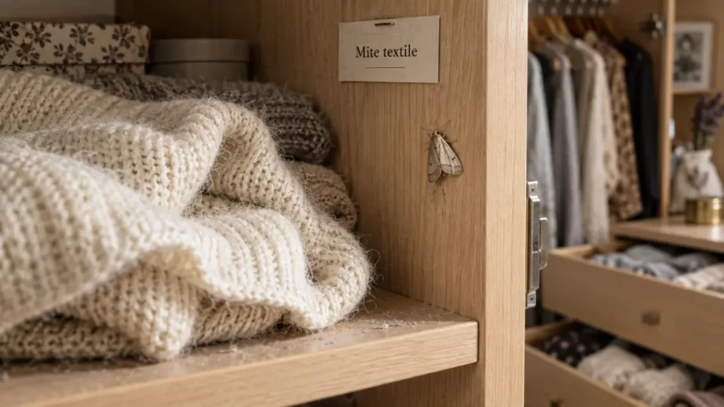 Mite de linge en photo : l’adulte est discret, les larves trouent les vêtements