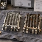 Résistance pour sèche linge neuve et usée, vue à plat sur établi